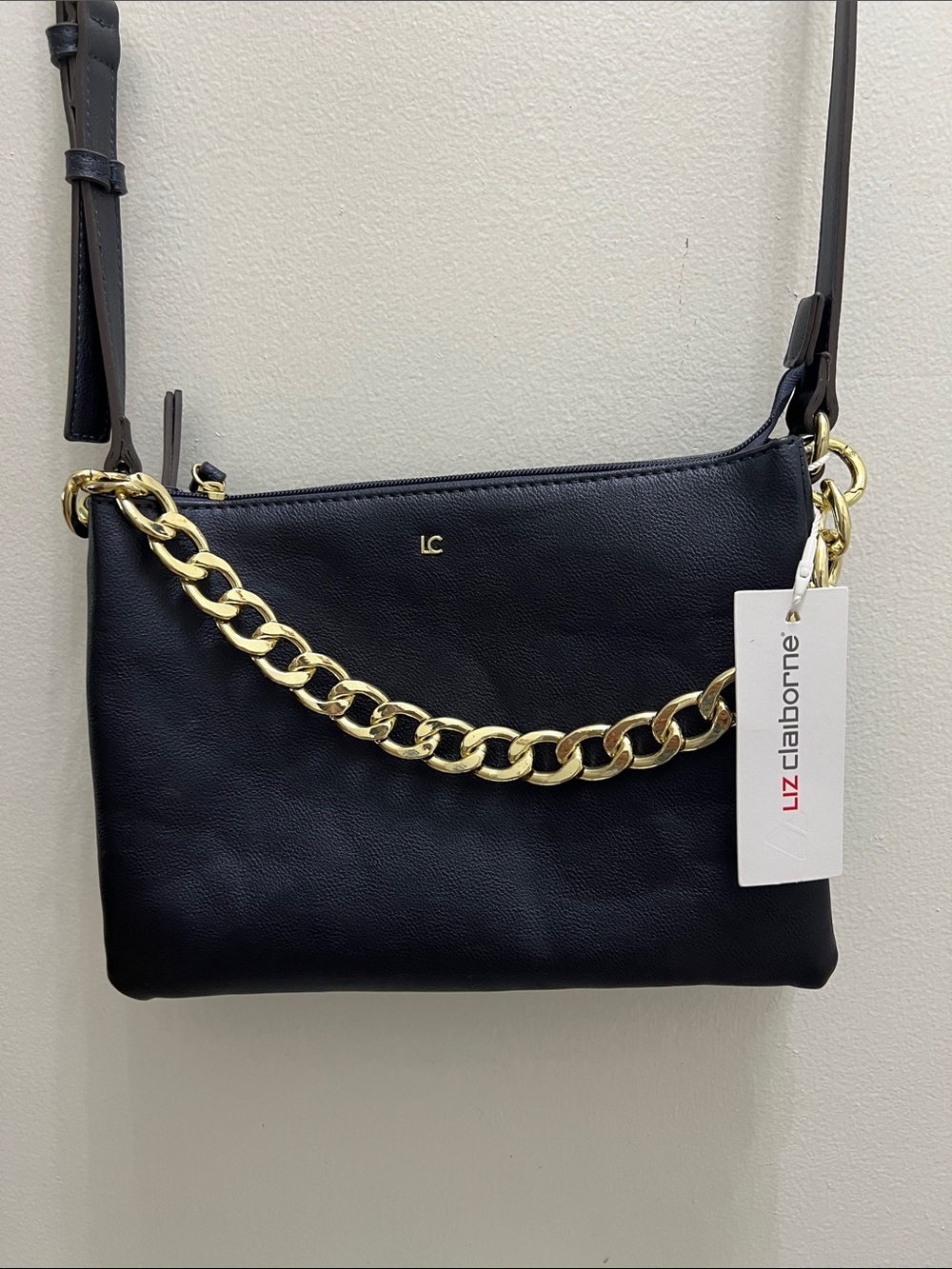 Liz Claiborne deep blue Leather Crossbody with Gold Chain NWT